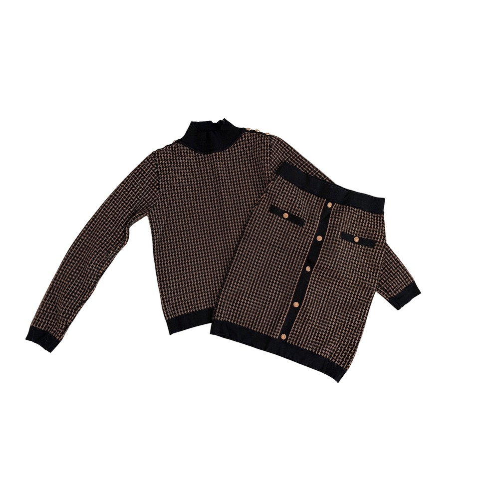 Bluoltre Womens Black Tan Geometric Knit Sweater Skirt Set Gold Buttons Size S M